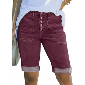 image:imageSidefeel Womens Jean Shorts High Waisted Stretchy Button Fly Folded Hem Trendy Casual Summer Bermuda ShortsBurgundy