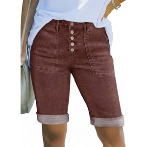 image:imageSidefeel Womens Jean Shorts High Waisted Stretchy Button Fly Folded Hem Trendy Casual Summer Bermuda ShortsCoffee
