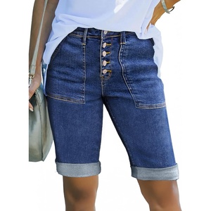 image:imageSidefeel Womens Jean Shorts High Waisted Stretchy Button Fly Folded Hem Trendy Casual Summer Bermuda ShortsDark Blue