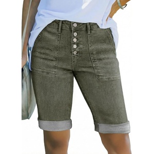 image:imageSidefeel Womens Jean Shorts High Waisted Stretchy Button Fly Folded Hem Trendy Casual Summer Bermuda ShortsGreen