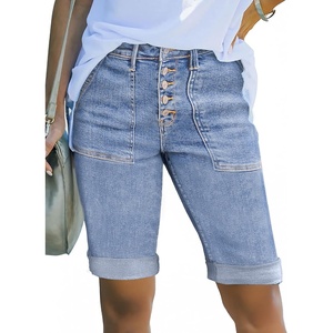 image:imageSidefeel Womens Jean Shorts High Waisted Stretchy Button Fly Folded Hem Trendy Casual Summer Bermuda ShortsIceland Blue