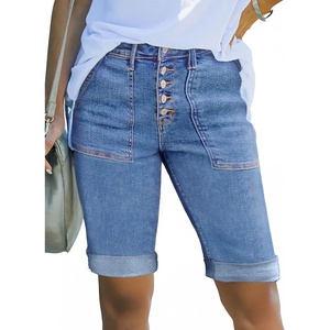 image:imageSidefeel Womens Jean Shorts High Waisted Stretchy Button Fly Folded Hem Trendy Casual Summer Bermuda ShortsLight Blue