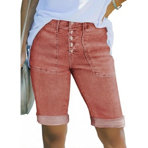 image:imageSidefeel Womens Jean Shorts High Waisted Stretchy Button Fly Folded Hem Trendy Casual Summer Bermuda ShortsMineral Red