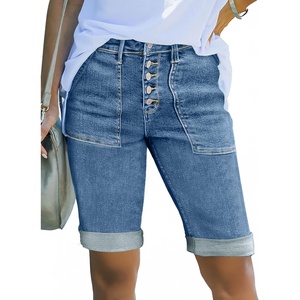 image:imageSidefeel Womens Jean Shorts High Waisted Stretchy Button Fly Folded Hem Trendy Casual Summer Bermuda ShortsVintage Blue