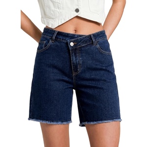image:imageSidefeel Womens Jean Shorts High Waisted Stretchy Raw Hem Denim Summer ShortsDark Blue
