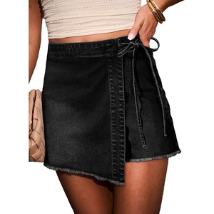 image:imageSidefeel Womens Jean Skirt High Waisted Raw Hem Stretchy Asymmetrical Side Tie Wrap Denim Mini SkortBlack