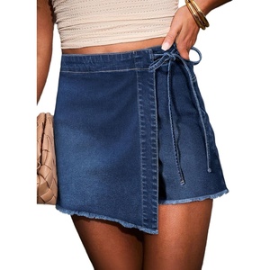 image:imageSidefeel Womens Jean Skirt High Waisted Raw Hem Stretchy Asymmetrical Side Tie Wrap Denim Mini SkortDark Blue