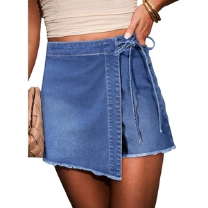 image:imageSidefeel Womens Jean Skirt High Waisted Raw Hem Stretchy Asymmetrical Side Tie Wrap Denim Mini SkortLight Blue