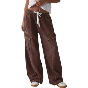 image:imageSidefeel Womens MidLow Rise Baggy Jeans Elastic Waist Drawtring Y2K Stretchy Wide Leg Cargo Boyfriend Oversized Denim PantsCoffee
