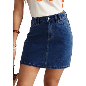 image:imageSidefeel Womens Summer Jean Skirt 2026 High Waist Button Stretch Knee Length Denim SkirtBluing