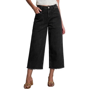 image:imageSidefeel Womens Wide Leg Baggy Capri Jeans High Waisted Straight Leg Stretchy Raw Hem Cropped Denim Pants with PocketsBlack