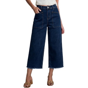 image:imageSidefeel Womens Wide Leg Baggy Capri Jeans High Waisted Straight Leg Stretchy Raw Hem Cropped Denim Pants with PocketsBluing