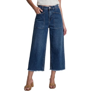 image:imageSidefeel Womens Wide Leg Baggy Capri Jeans High Waisted Straight Leg Stretchy Raw Hem Cropped Denim Pants with PocketsDark Blue