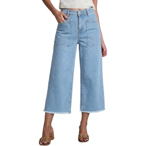 image:imageSidefeel Womens Wide Leg Baggy Capri Jeans High Waisted Straight Leg Stretchy Raw Hem Cropped Denim Pants with PocketsIceland Blue