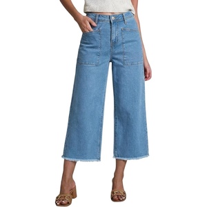 image:imageSidefeel Womens Wide Leg Baggy Capri Jeans High Waisted Straight Leg Stretchy Raw Hem Cropped Denim Pants with PocketsLight Blue