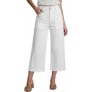 image:imageSidefeel Womens Wide Leg Baggy Capri Jeans High Waisted Straight Leg Stretchy Raw Hem Cropped Denim Pants with PocketsWhite