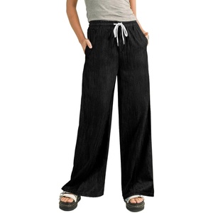 image:imageSidefeel Womens Wide Leg Baggy Jeans High Waisted Elastic Waist Loose Fit Drawstring Long Denim PantsBlack