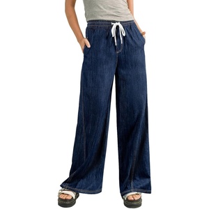 image:imageSidefeel Womens Wide Leg Baggy Jeans High Waisted Elastic Waist Loose Fit Drawstring Long Denim PantsDark Blue