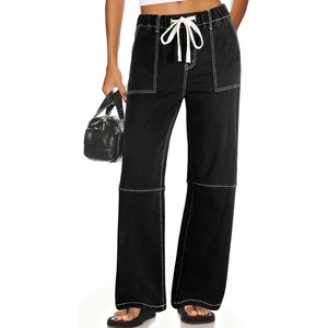 image:imageSidefeel Womens Wide Leg Jeans High Waisted Elastic Stretchy Trendy Drawstring Baggy Pull On Denim Pants with Oversized FitBlack