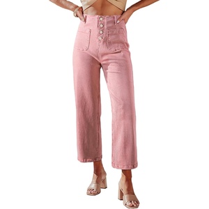image:imageSidefeel Womens Wide Leg Jeans High Waisted Straight Leg Jeans Buttoned Loose Stretchy Denim Pants with Pocket Peach Blossom Size 4 Long