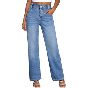 image:imageSidefeel Womens Wide Leg Jeans High Waisted Straight Leg Stretchy Denim Pants with PocketsIceland Blue