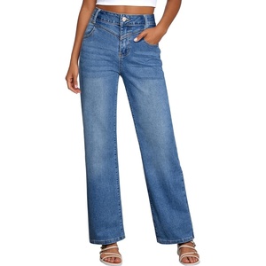 image:imageSidefeel Womens Wide Leg Jeans High Waisted Straight Leg Stretchy Denim Pants with PocketsLight Blue