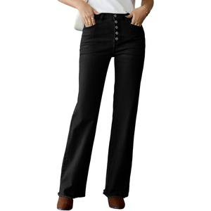 image:imageSidefeel Womens Wide Leg Jeans High Waisted Straight Leg Stretchy Trendy Button Fly Raw Hem Denim PantsBlack