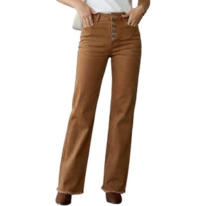 image:imageSidefeel Womens Wide Leg Jeans High Waisted Straight Leg Stretchy Trendy Button Fly Raw Hem Denim PantsBrown