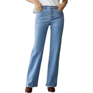 image:imageSidefeel Womens Wide Leg Jeans High Waisted Straight Leg Stretchy Trendy Button Fly Raw Hem Denim PantsLight Blue