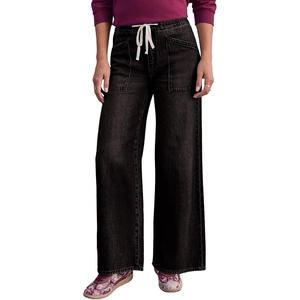 image:imageSidefeel Womens Wide Leg Jeans High Waisted Stretchy Baggy Elastic Waist Drawstring Ankle Denim Jeans with PocketsBlack
