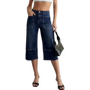 image:imageSidefeel Womens Wide Leg Jeans High Waisted Stretchy Big Pockets Capri Denim PantsBluing