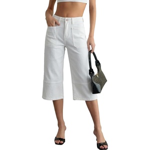 image:imageSidefeel Womens Wide Leg Jeans High Waisted Stretchy Big Pockets Capri Denim PantsWhite