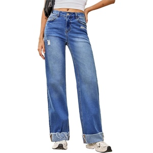 image:imageSidefeel Womens Wide Leg Jeans High Waisted Stretchy Distressed Straight Leg Folded Hem Loose Denim PantsBlue
