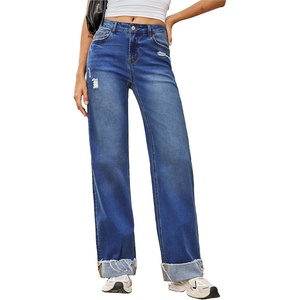 image:imageSidefeel Womens Wide Leg Jeans High Waisted Stretchy Distressed Straight Leg Folded Hem Loose Denim PantsBluing