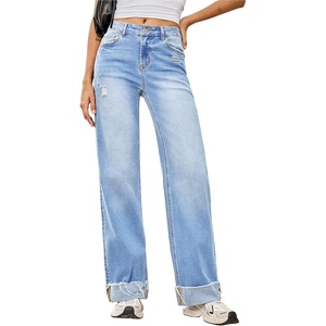 image:imageSidefeel Womens Wide Leg Jeans High Waisted Stretchy Distressed Straight Leg Folded Hem Loose Denim PantsIceland Blue
