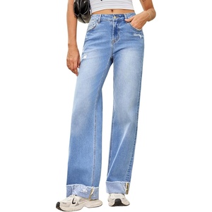 image:imageSidefeel Womens Wide Leg Jeans High Waisted Stretchy Distressed Straight Leg Folded Hem Loose Denim PantsLight Blue