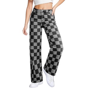 image:imageSidefeel Womens Wide Leg Jeans High Waisted Stretchy Straight Leg Checkered Loose Denim PantsBlack