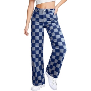 image:imageSidefeel Womens Wide Leg Jeans High Waisted Stretchy Straight Leg Checkered Loose Denim PantsBlue