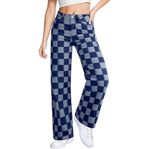 image:imageSidefeel Womens Wide Leg Jeans High Waisted Stretchy Straight Leg Checkered Loose Denim PantsDark Blue