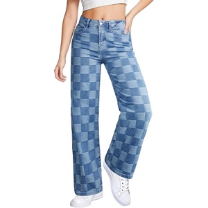 image:imageSidefeel Womens Wide Leg Jeans High Waisted Stretchy Straight Leg Checkered Loose Denim PantsLight Blue