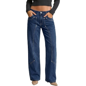 image:imageSidefeel Womens Wide Leg Jeans High Waisted Stretchy Straight Leg Tummy Control Trendy Baggy Seamed Panel Denim PantsDark Blue
