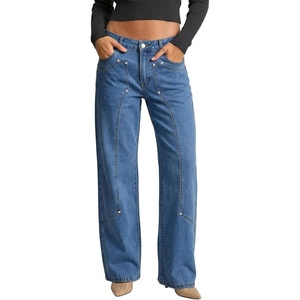 image:imageSidefeel Womens Wide Leg Jeans High Waisted Stretchy Straight Leg Tummy Control Trendy Baggy Seamed Panel Denim PantsLight Blue