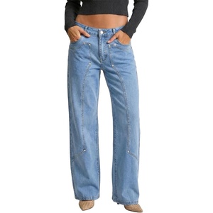 image:imageSidefeel Womens Wide Leg Jeans High Waisted Stretchy Straight Leg Tummy Control Trendy Baggy Seamed Panel Denim PantsSky Blue