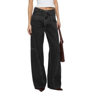 image:imageSidefeel Womens Wide Leg Jeans Mid Waisted Stretchy Drawstring Button Down Denim PantsBlack