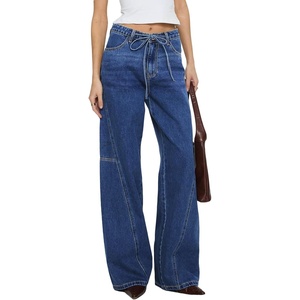 image:imageSidefeel Womens Wide Leg Jeans Mid Waisted Stretchy Drawstring Button Down Denim PantsDark Blue