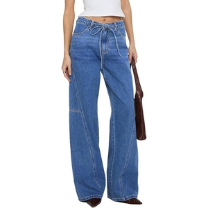 image:imageSidefeel Womens Wide Leg Jeans Mid Waisted Stretchy Drawstring Button Down Denim PantsLight Blue