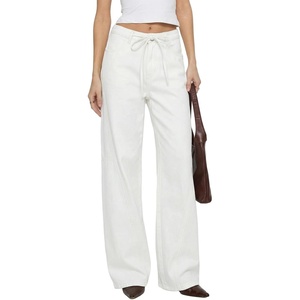 image:imageSidefeel Womens Wide Leg Jeans Mid Waisted Stretchy Drawstring Button Down Denim PantsWhite