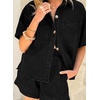 image:imageSidefeel Womens 2 Piece Sets Denim Summer Outfits Comfy Short Sleeve Button Down Shirt High Waisted Shorts Lounge SetsBlack