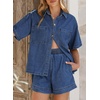 image:imageSidefeel Womens 2 Piece Sets Denim Summer Outfits Comfy Short Sleeve Button Down Shirt High Waisted Shorts Lounge SetsBlue