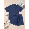 image:imageSidefeel Womens 2 Piece Sets Denim Summer Outfits Comfy Short Sleeve Button Down Shirt High Waisted Shorts Lounge SetsDark Blue